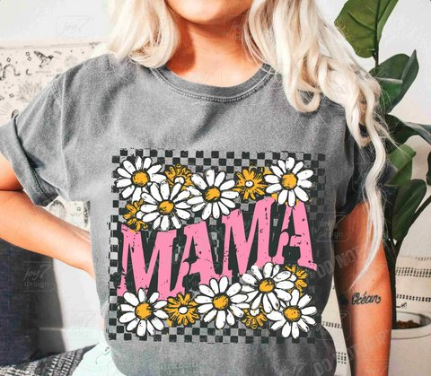 DTF Full Color Transfer - Hot Pink MAMA Check Daisies