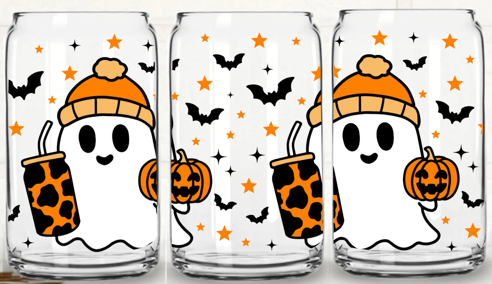 16oz UV DTF Wrap - Cute Ghost Cow Print Coffee