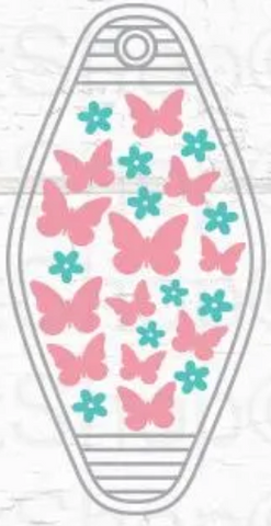 UV DTF Motel Keychain Decal - Pink Butterflies Aqua Flowers