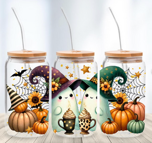 16oz UV DTF Wrap - Cute Ghosts w/Witch Hats & Pumpkins