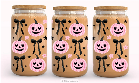 16oz UV DTF Wrap - Pink Pumpkins & Black Bows