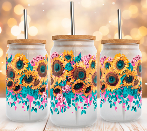 16oz UV DTF Wrap - Painted Sunflowers Pink and Teal