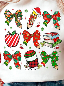 DTF Full Color TShirt Transfer - Merry Pencil Bows & Books