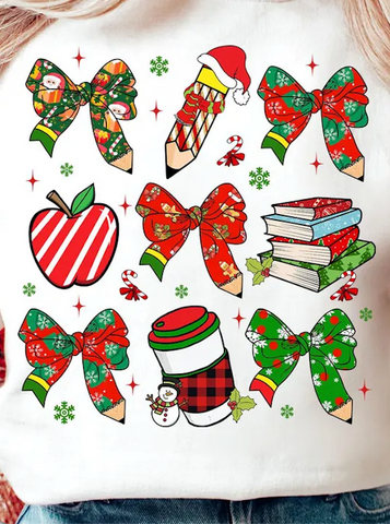 DTF Full Color TShirt Transfer - Merry Pencil Bows & Books
