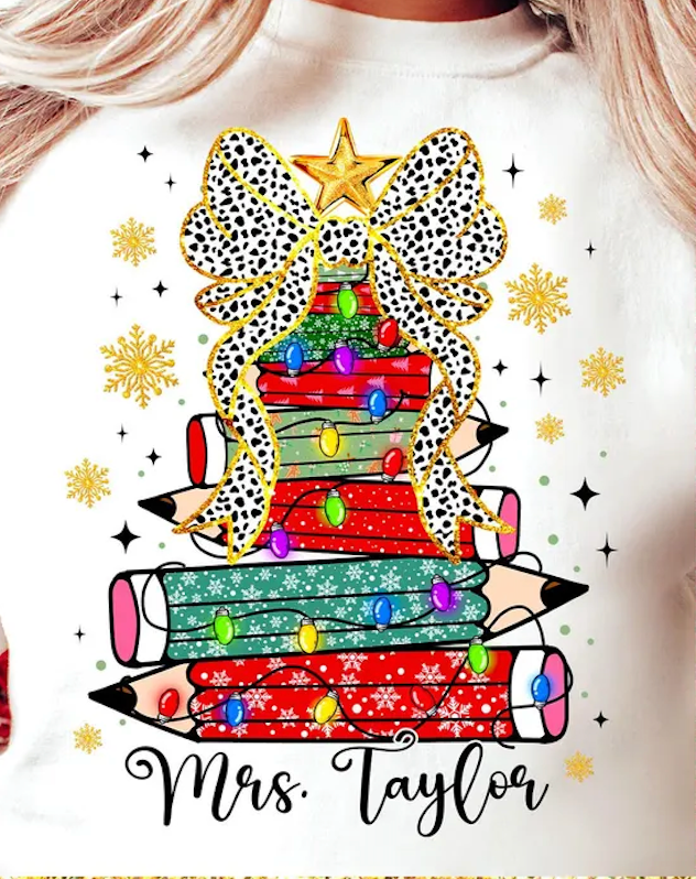 DTF Full Color TShirt Transfer - Pencil Tree Dot Bow *CUSTOMIZABLE NAME*