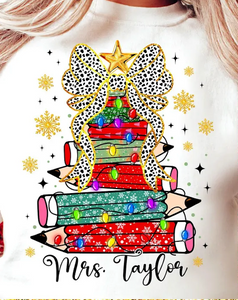 DTF Full Color TShirt Transfer - Pencil Tree Dot Bow *CUSTOMIZABLE NAME*