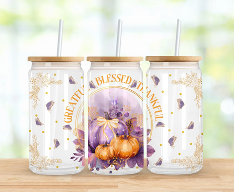 16oz UV DTF Wrap - Grateful Blessed Thankful Purple Pumpkins