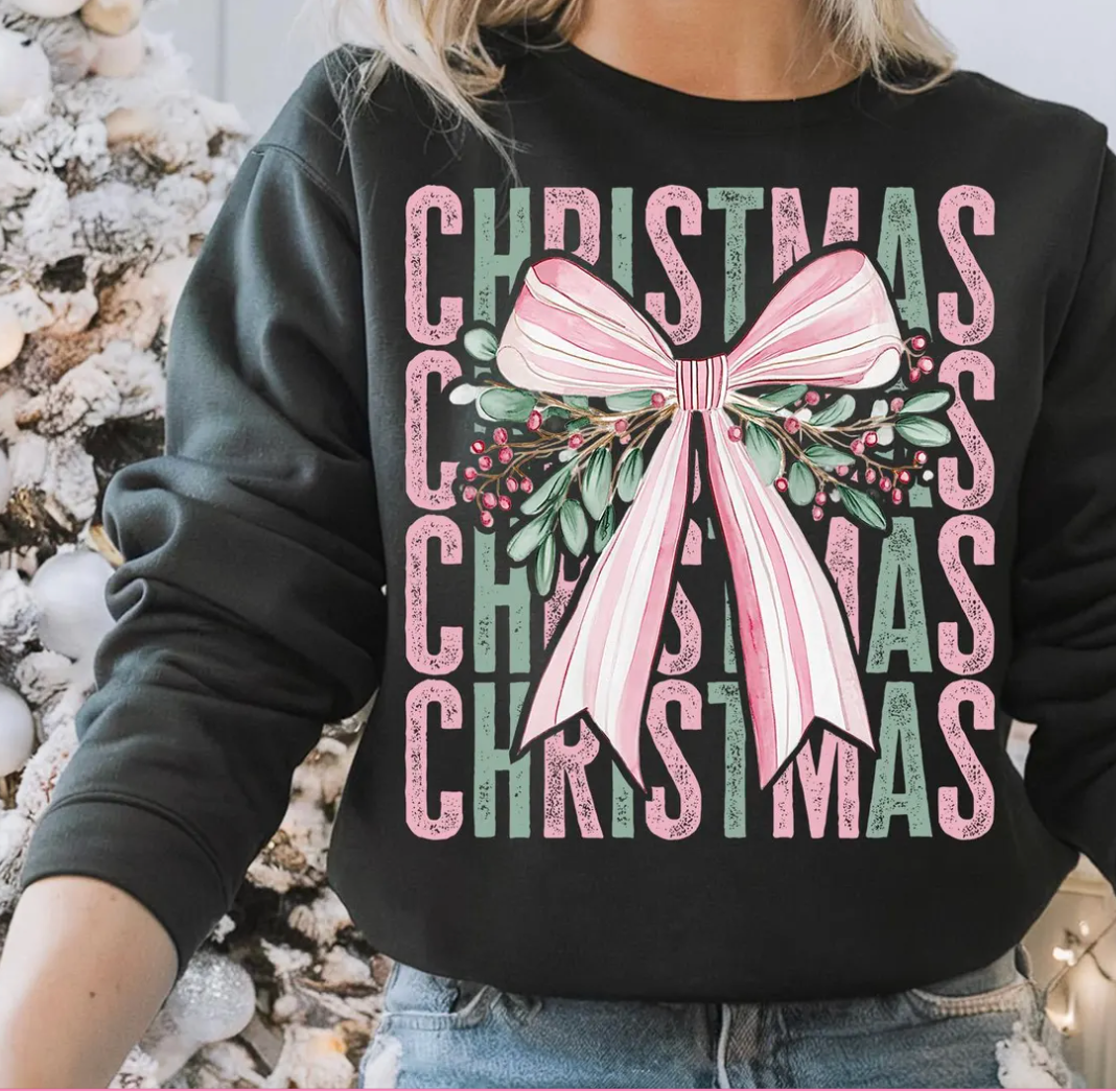 DTF Full Color Transfer - Pastel Christmas Pink Striped Bow