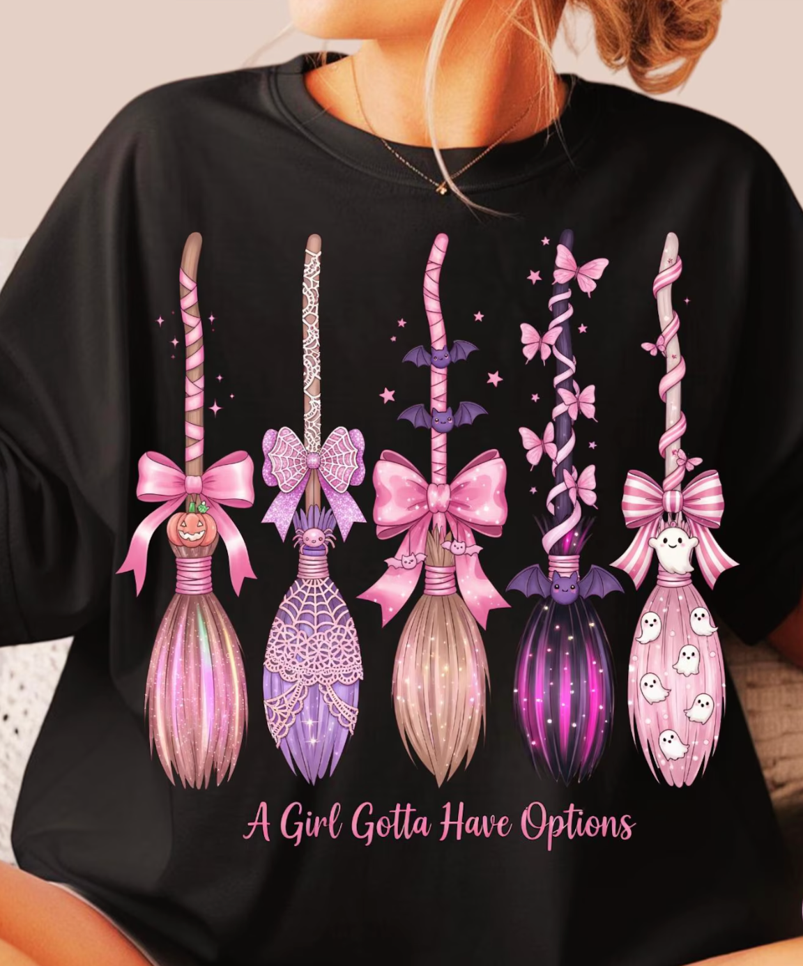 DTF Full Color TShirt Transfer - A Girl Gotta Have Options Pink Purple Brooms