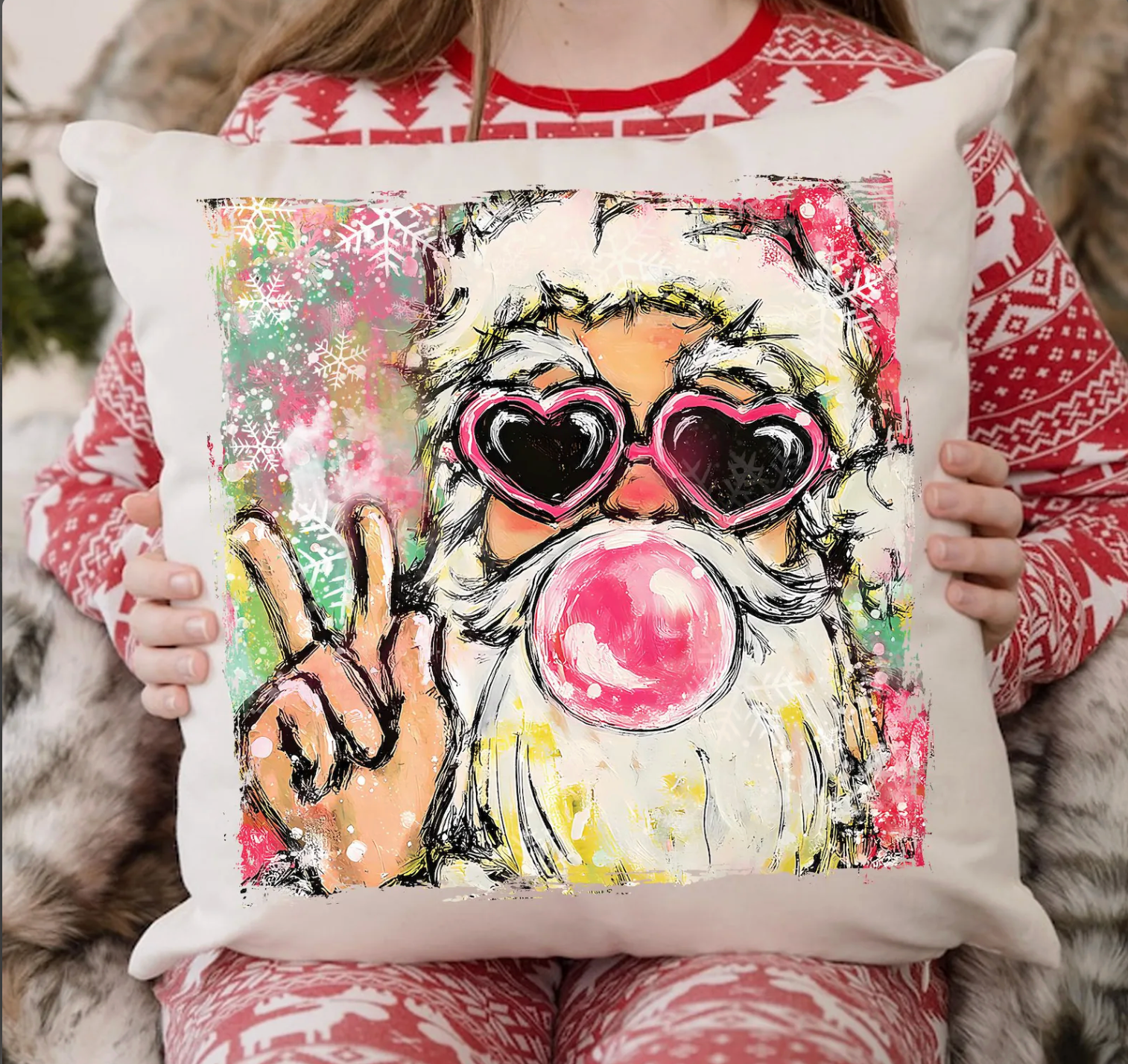 DTF Full Color TShirt Transfer - Bubblegum Peace Santa Painted