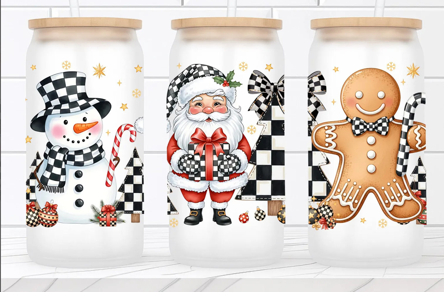 16oz UV DTF Wrap - Checker Snowman Santa Gingerbread