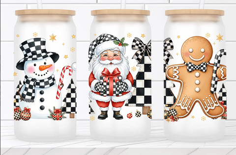 16oz UV DTF Wrap - Checker Snowman Santa Gingerbread