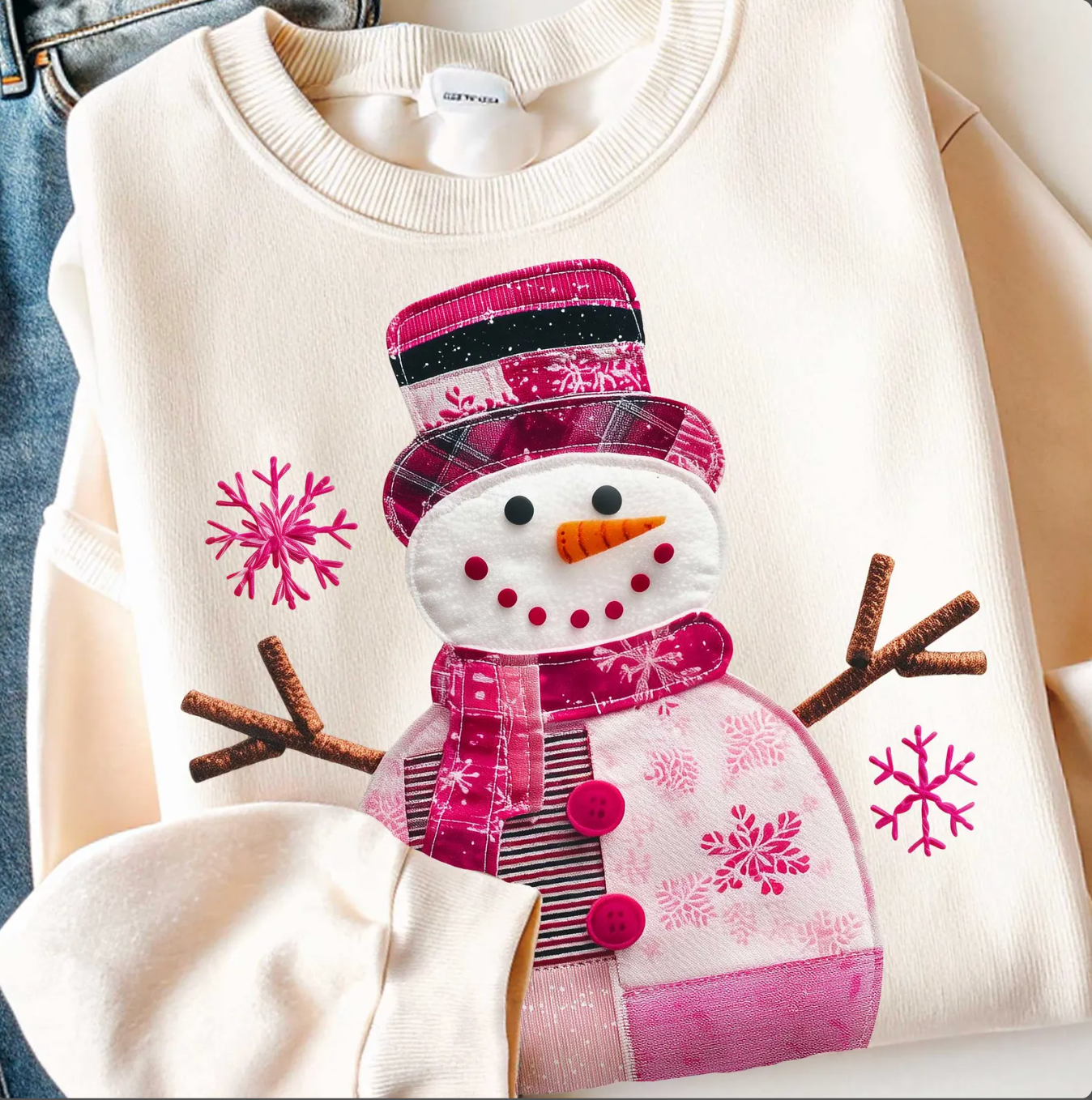 DTF Full Color TShirt Transfer - Pink Patchwork Snowman