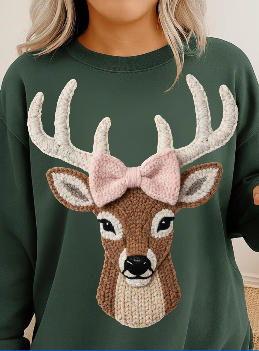 DTF Full Color TShirt Transfer - Faux Knit Deer Pink Bow