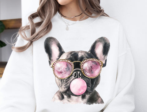 DTF Full Color Transfer - Black Frenchie Bubble Gum