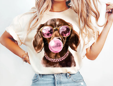 DTF Full Color Transfer - Brown Dachshund Bubble Gum