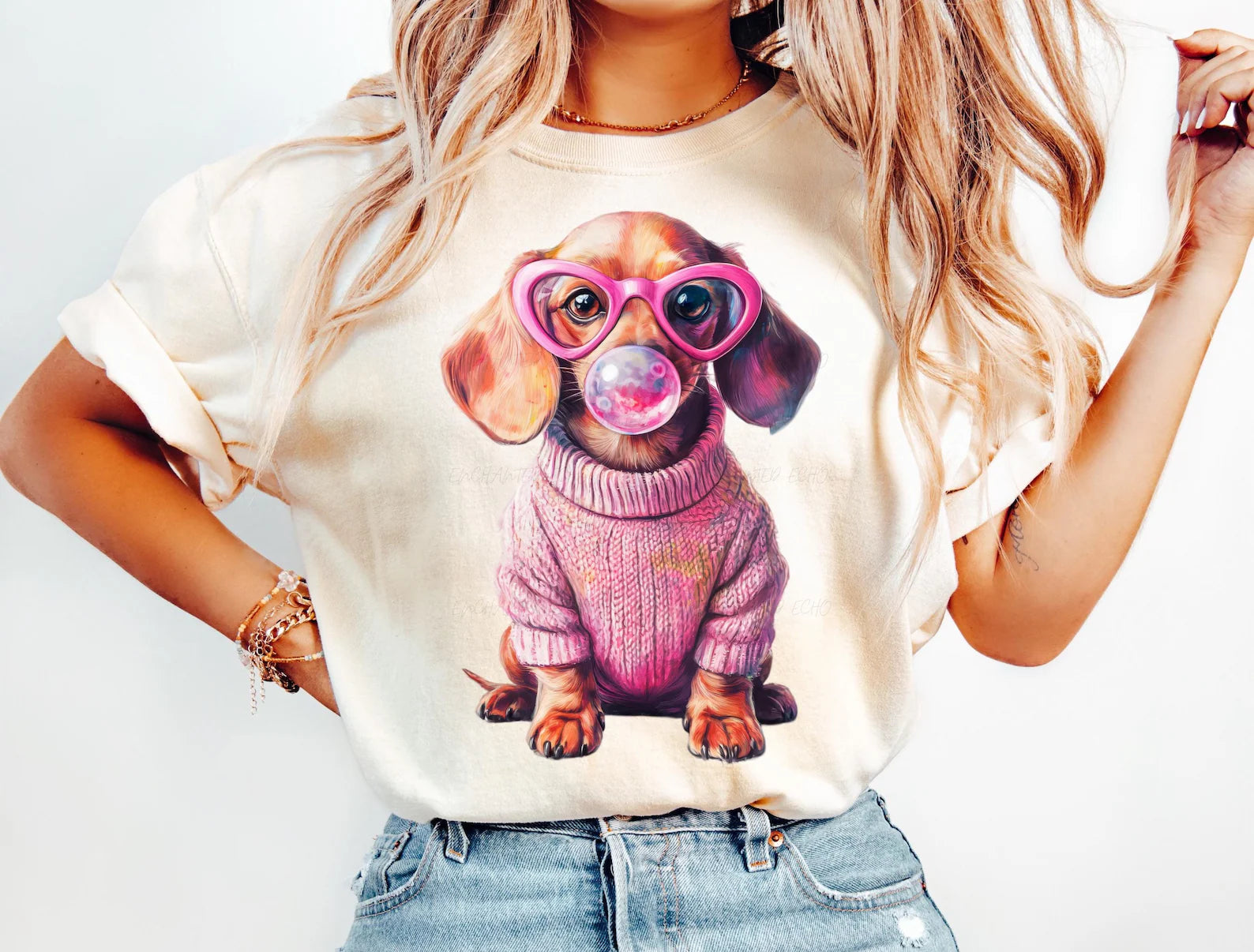 DTF Full Color Transfer - Dachshund Pink Sweater Bubble Gum