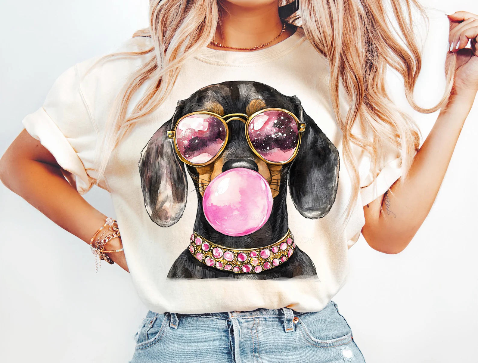 DTF Full Color Transfer - Black Dachshund Bubble Gum