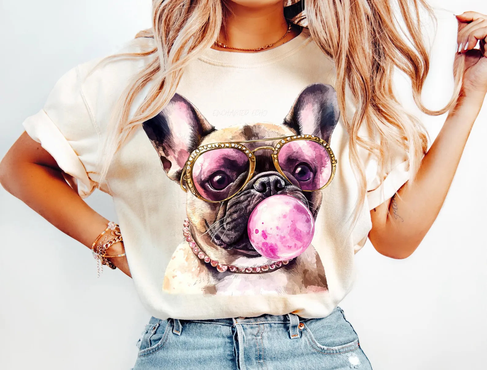 DTF Full Color Transfer - French Bull Dog Bubble Gum