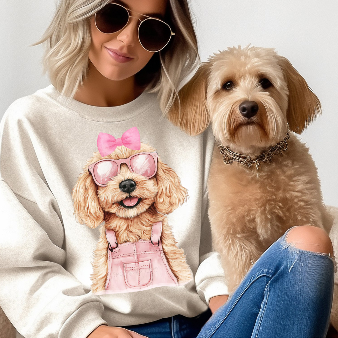 DTF Full Color Transfer - Goldendoodle Pink Overalls