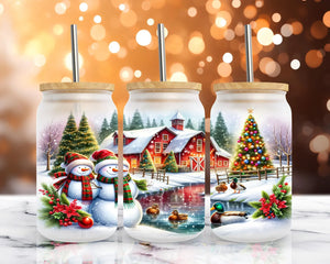 16oz UV DTF Wrap - Snowmen Couple Red Barn