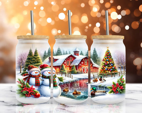 16oz UV DTF Wrap - Snowmen Couple Red Barn