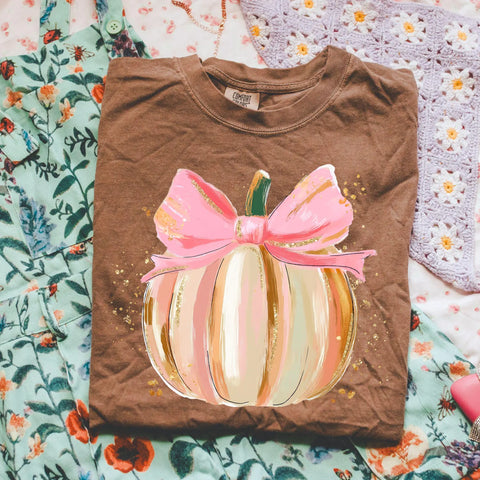 DTF Full Color Transfer - Painted Pumpkin Pink Bow