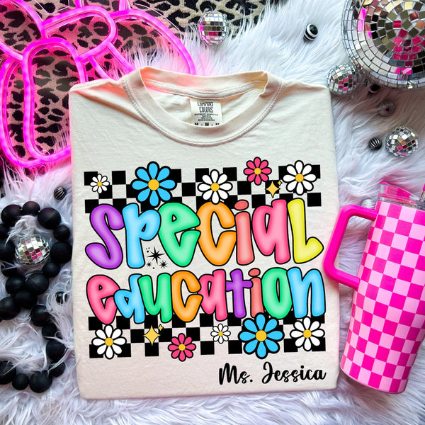 DTF Full Color TShirt Transfer - Floral Check Bright Names (YOU CHOOSE!)