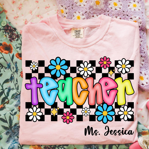 DTF Full Color TShirt Transfer - Floral Check Bright Names (YOU CHOOSE!)