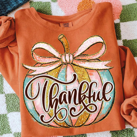 DTF Full Color TShirt Transfer - Thankful Pastel Glitter Pumpkin