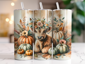 Skinny Tumbler Sublimation Wrap - Highland Cow Fall Pumpkins