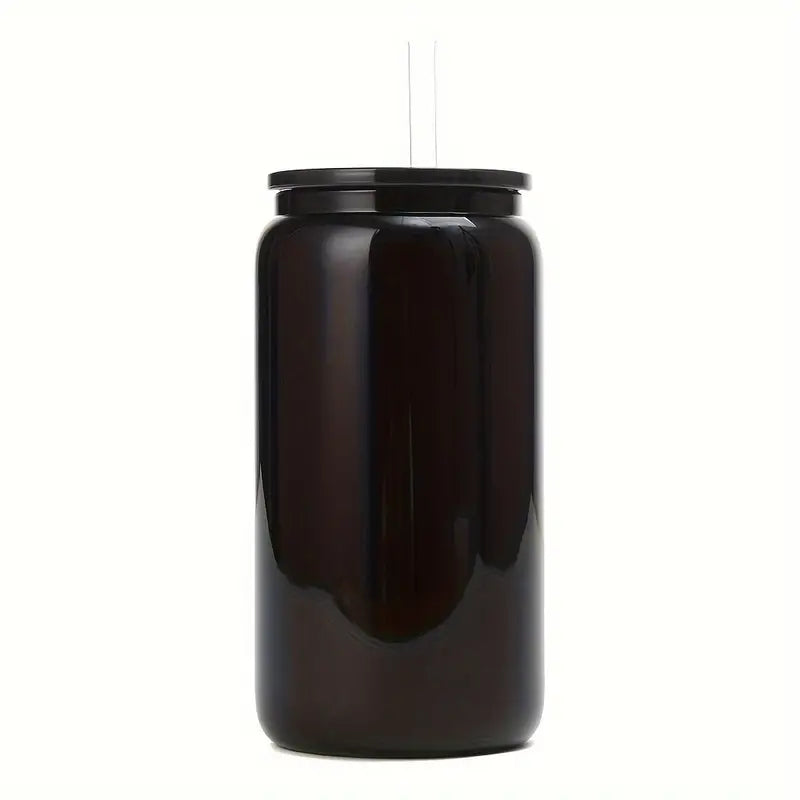 16oz Black Glass Can with Black Plastic Lid and Straw