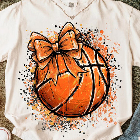 DTF Full Color TShirt Transfer - Orange Splatter Bow Basketball