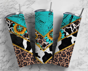 Skinny Tumbler Sublimation Wrap - Turquoise Cow Print