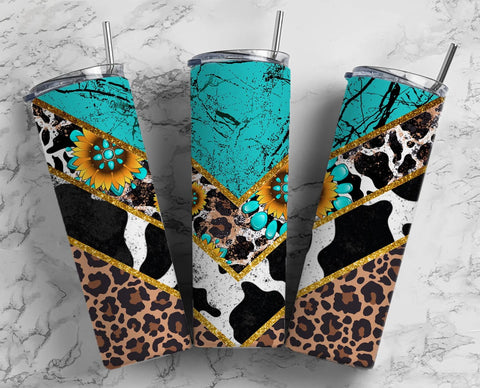 Skinny Tumbler Sublimation Wrap - Turquoise Cow Print