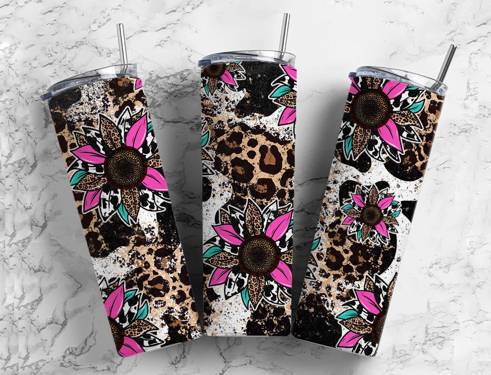Skinny Tumbler Sublimation Wrap - Pink Sunflower Leopard