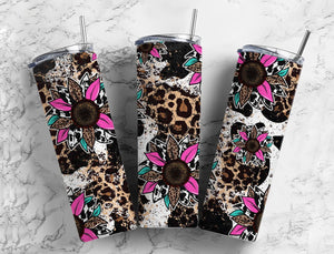 Skinny Tumbler Sublimation Wrap - Pink Sunflower Leopard