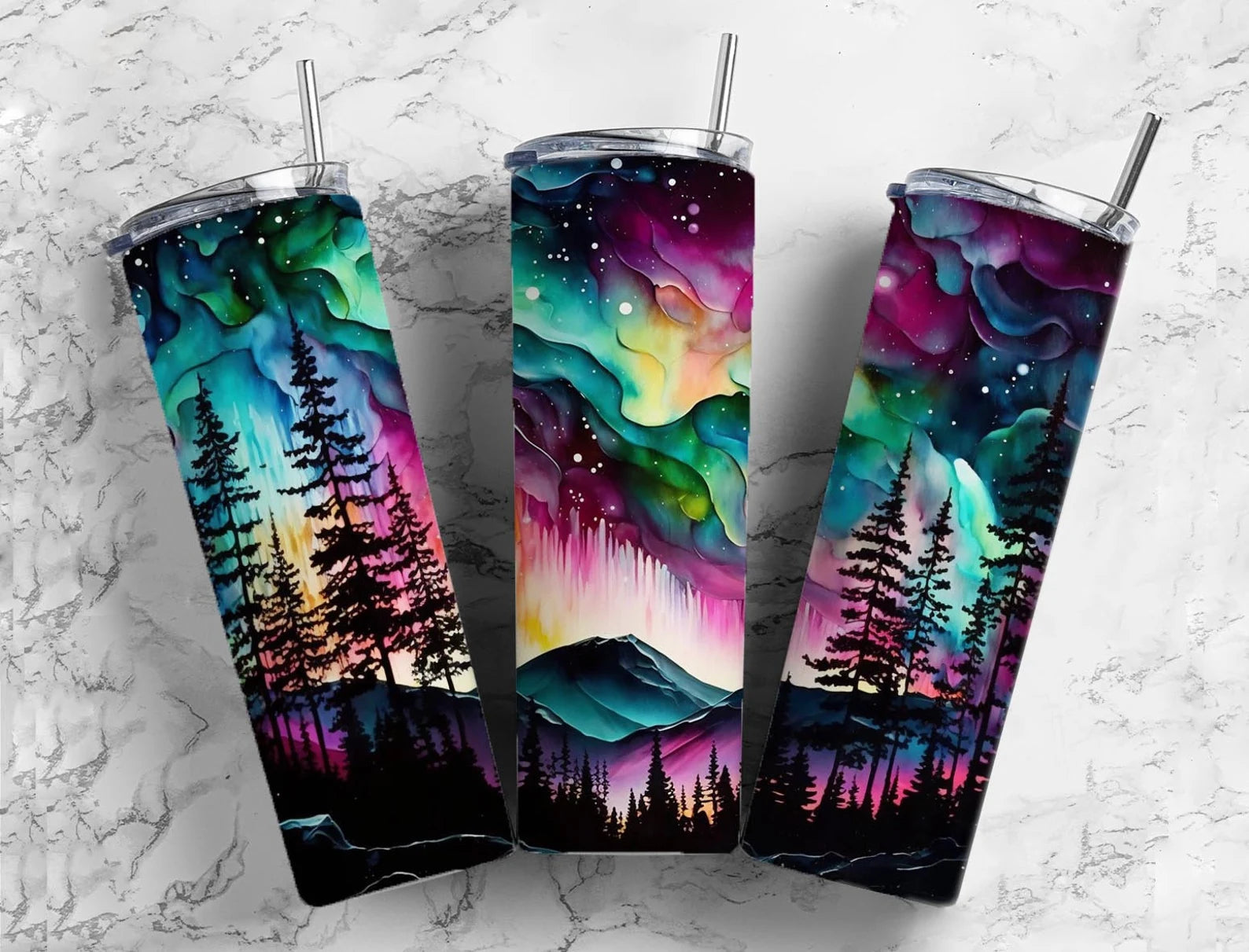Skinny Tumbler Sublimation Wrap - Northern Lights Alcohol Ink
