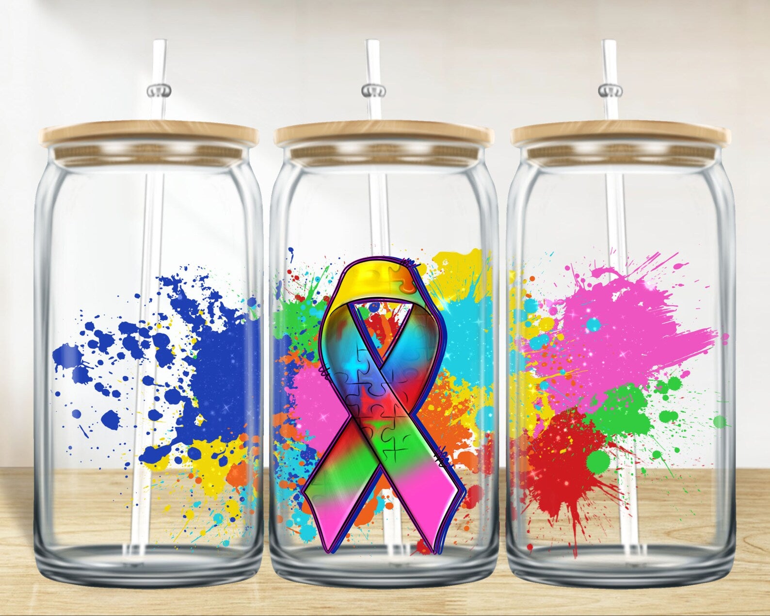 16oz UV DTF Wrap - Splatter Autism Ribbon