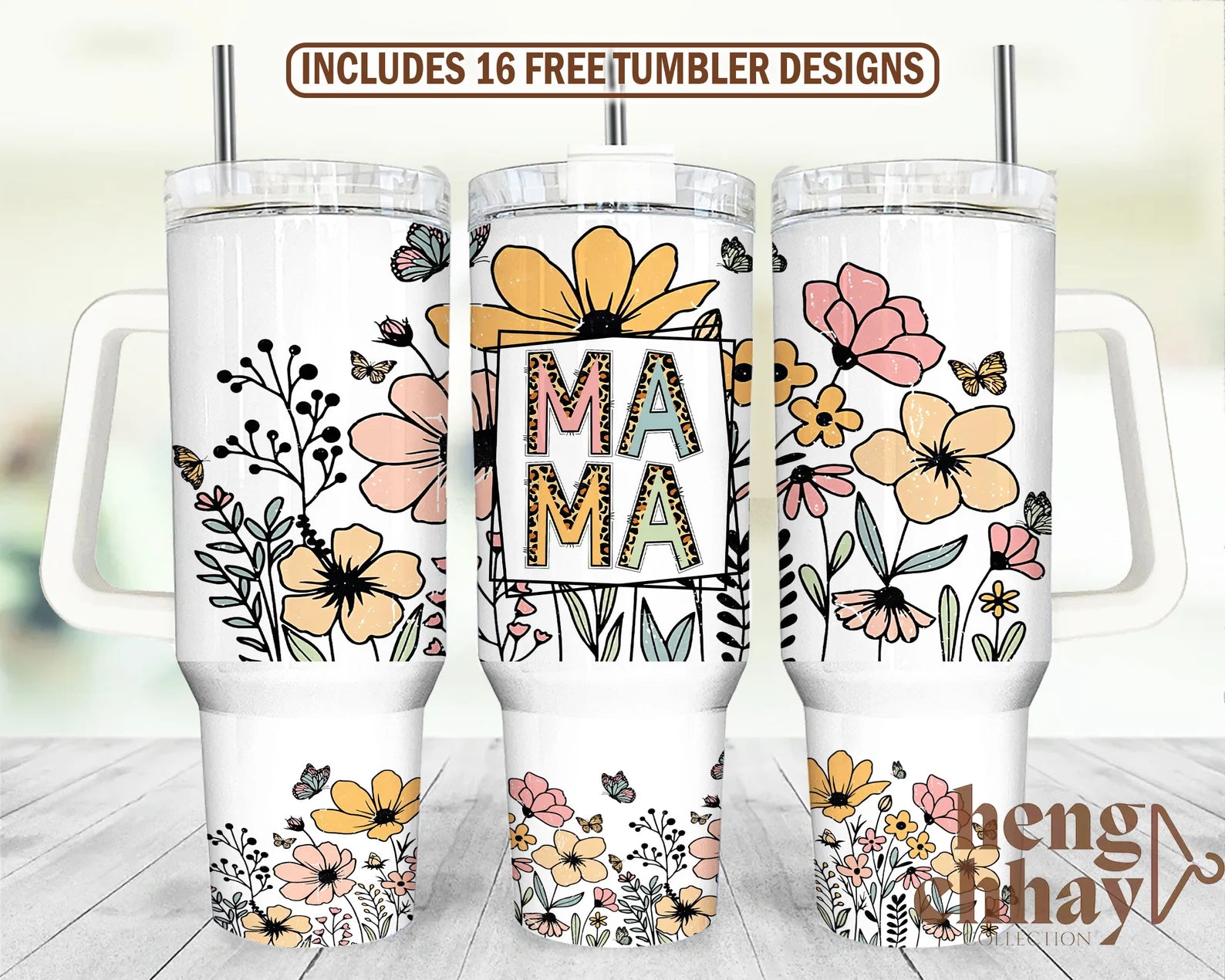 40oz UV DTF Full Top & Bottom Wrap - MAMA Big Flowers Cheetah Letters