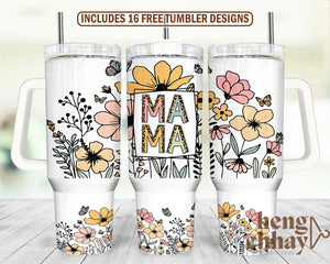 40oz UV DTF Full Top & Bottom Wrap - MAMA Big Flowers Cheetah Letters