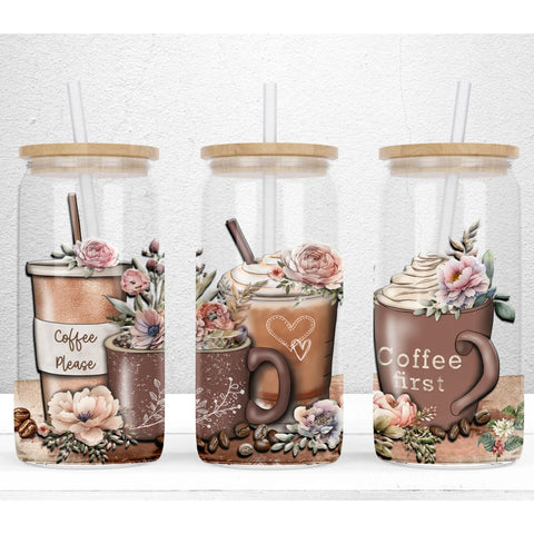 16oz UV DTF Wrap - Neutral Floral Coffee