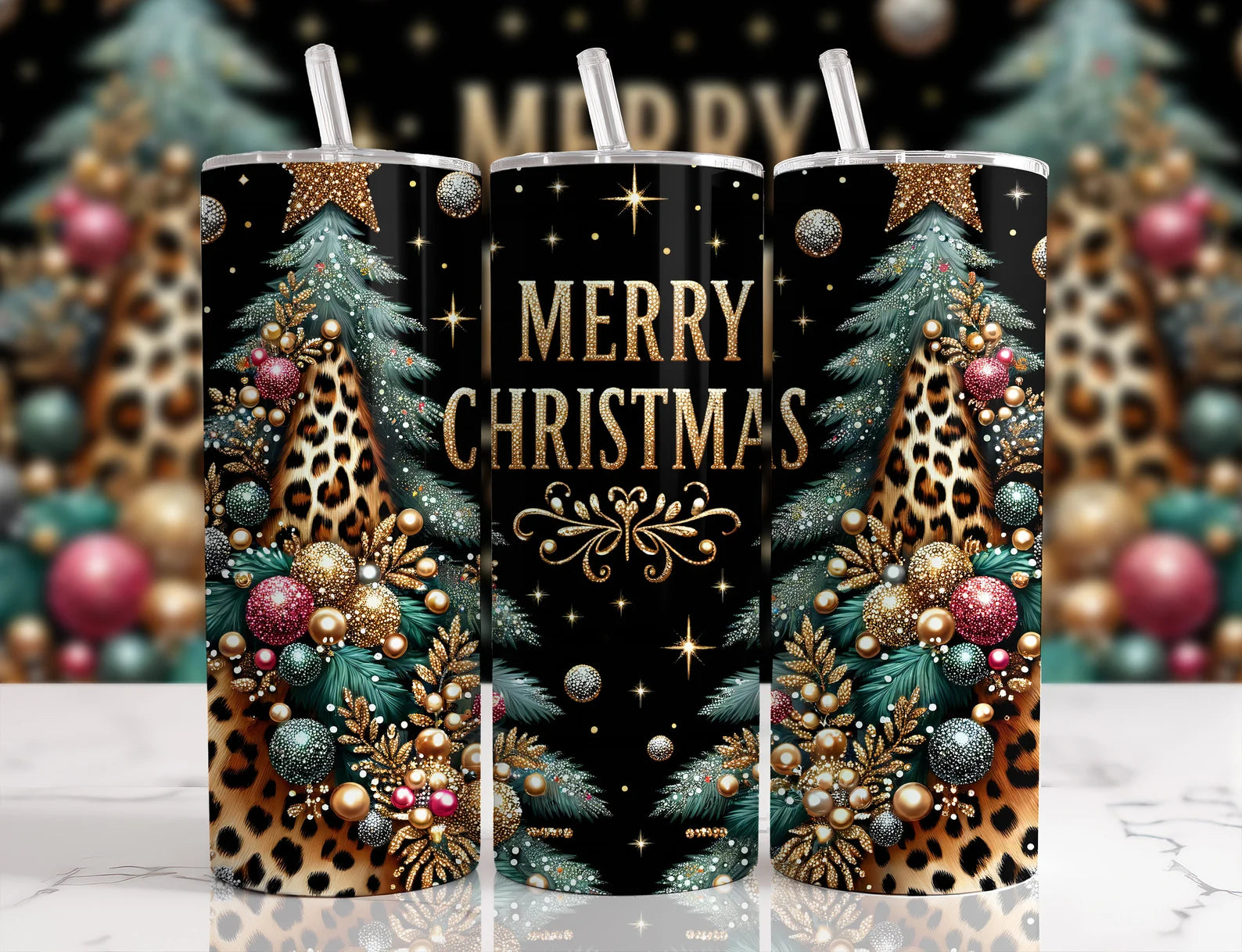 Merry Christmas Golden Leopard Trees - 1 16oz Skinny Tumbler Sublimation Wrap