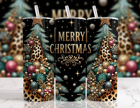 Merry Christmas Golden Leopard Trees - 1 16oz Skinny Tumbler Sublimation Wrap