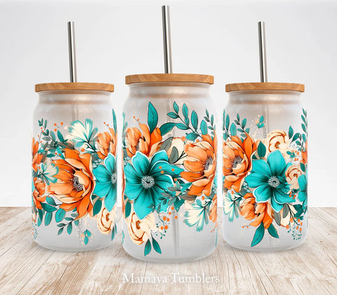 16oz UV DTF Wrap - Aqua & Orange Flowers