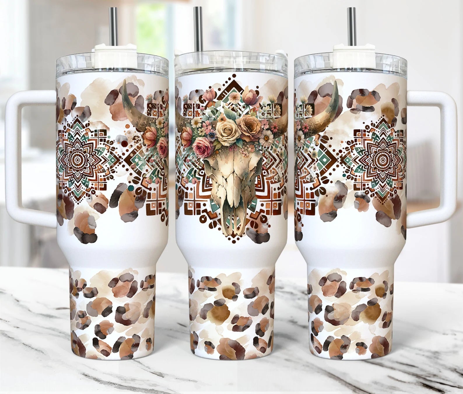 40oz UV DTF Full Top & Bottom Wrap - Boho Steer Skull