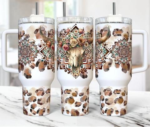 40oz UV DTF Full Top & Bottom Wrap - Boho Steer Skull