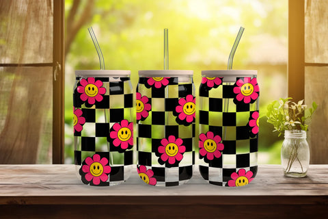 16oz UV DTF Wrap - Black Check Hot Pink Smiley Daisies