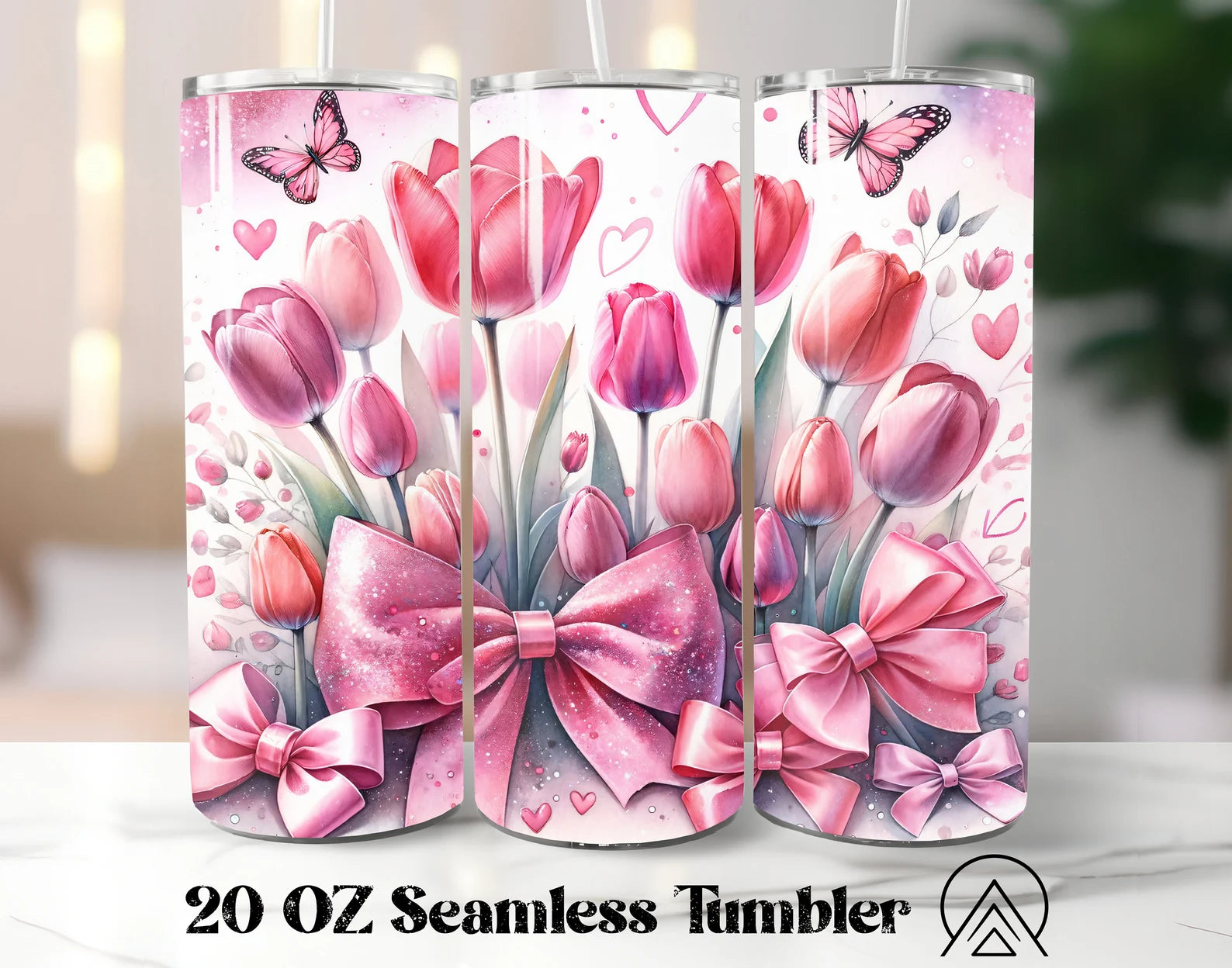 Skinny Tumbler Sublimation Wrap - Pink Tulips Bow