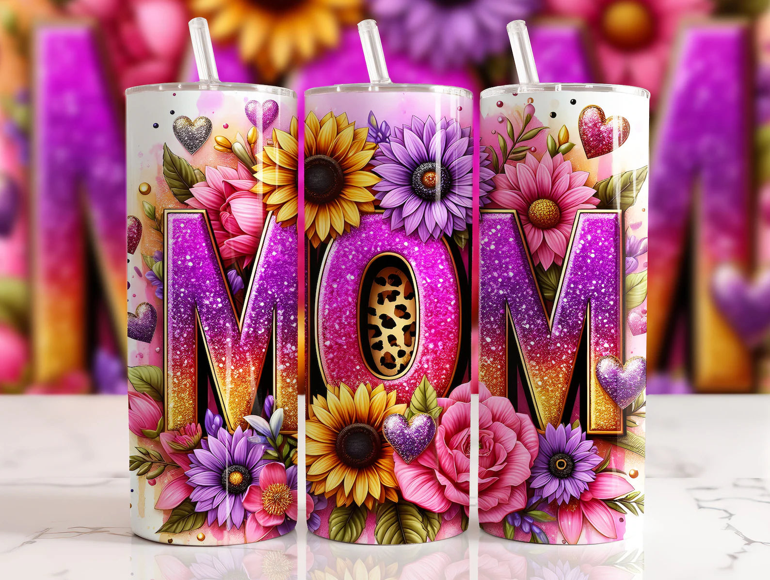 Skinny Tumbler Sublimation Wrap - Mom Hot Pink Daisy Sunflowers
